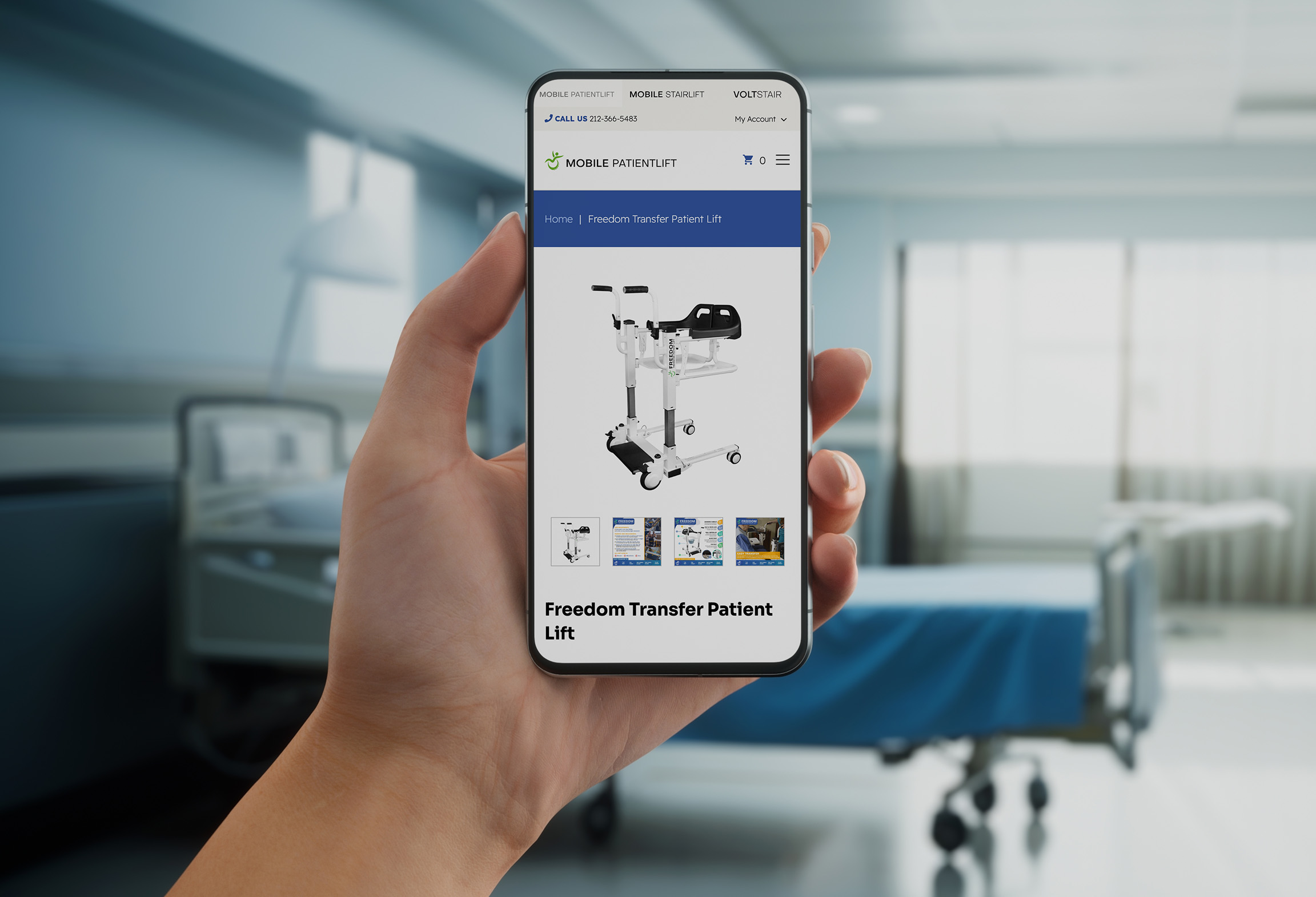 A healthcare worker holding a phone with the Mobile PatientLift website